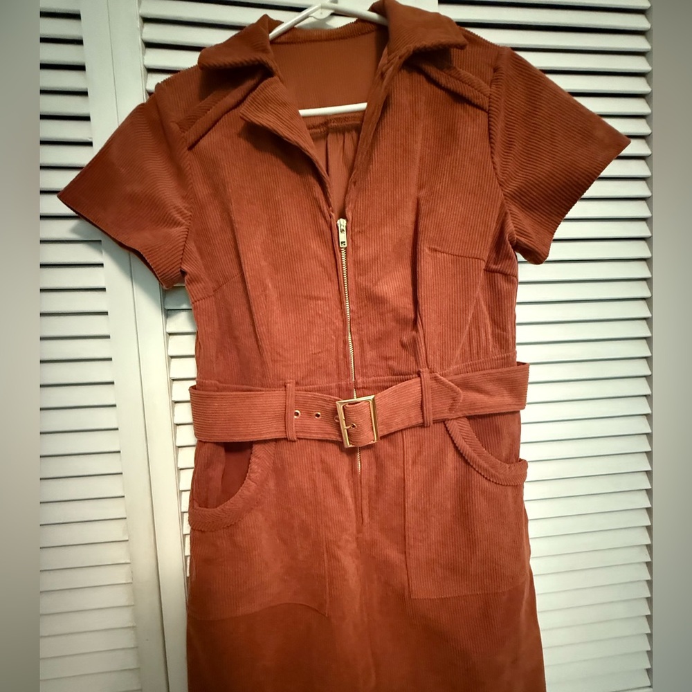 Rust Corduroy Belted Dress